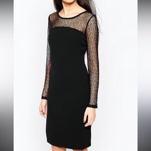 Eileen Fisher Sz S Black Fishnet Lace Crochet Sleeve Bateau Neck Jersey Dress